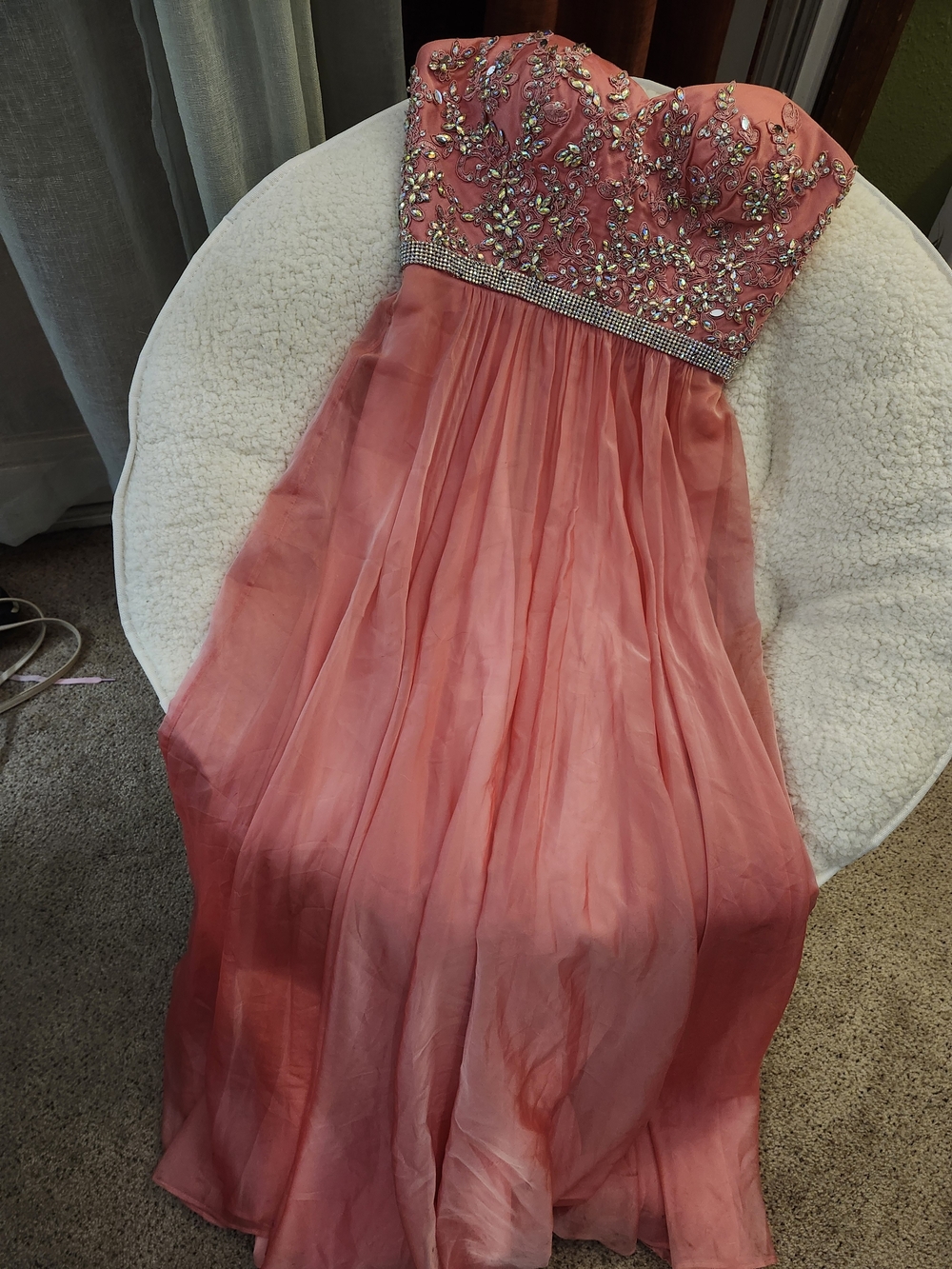 La Femme Coral Pink Beaded Strapless Gown